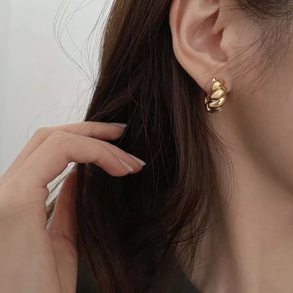 Gold Plated Twisted Huggie  Hoop Earrings - Picture 3 of 3